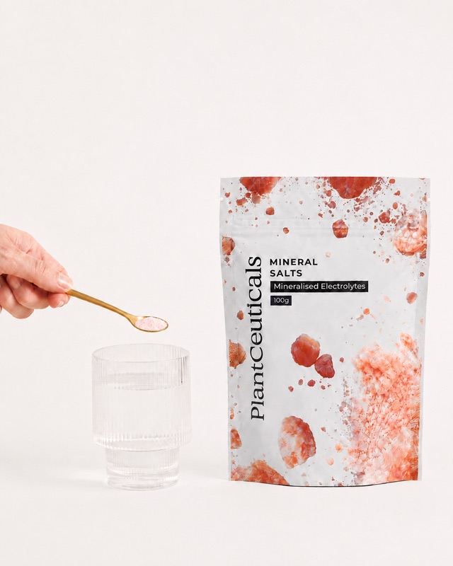 Hand spooning PlantCeuticals Mineral Salts into a glass of water beside the product pouch.